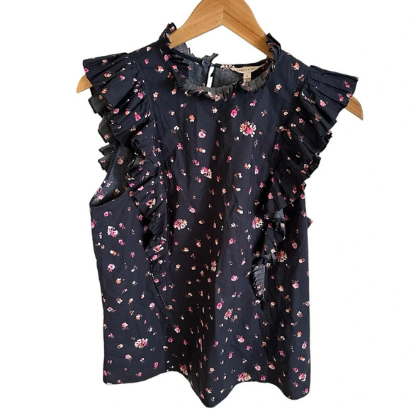 Rebecca Taylor size 8 Navy Blue Ruffle Sleeveless Blouse Top Floral high neck - Picture 1 of 5